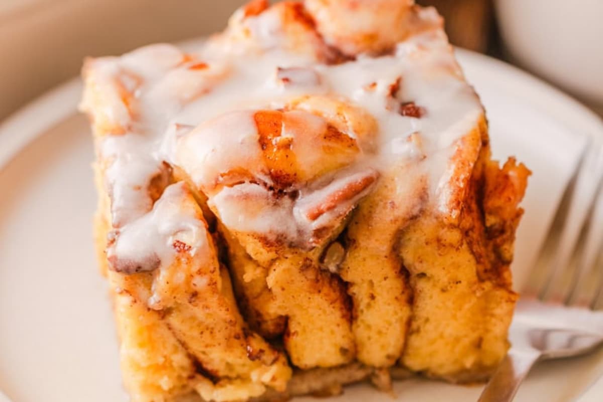 A plate of Cinnamon Roll French Toast Casserole.