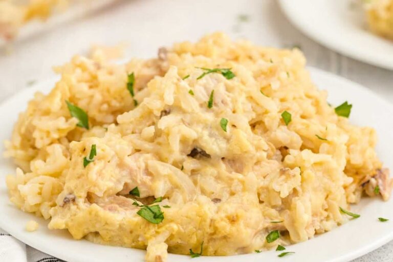 A plate of Chicken and Minute Rice Casserole.