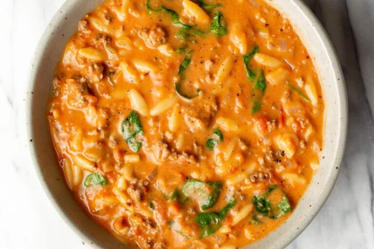A bowl of Hamburger Orzo Soup.