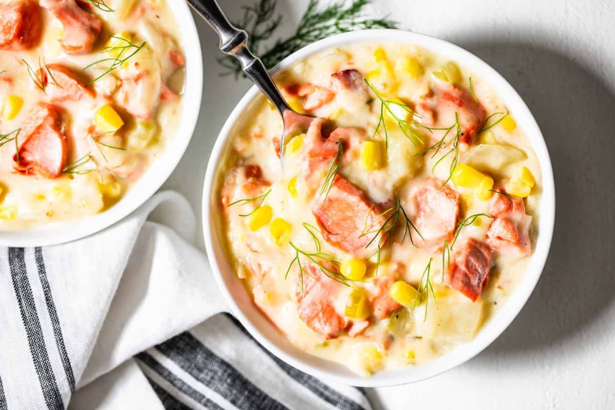 A bowl of Salmon Chowder.