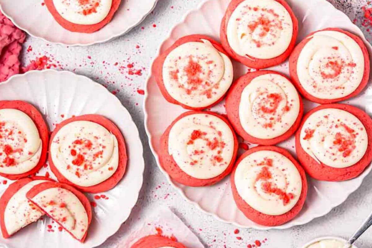 A plate of Crumbl Pink Velvet Cookies Copycat.