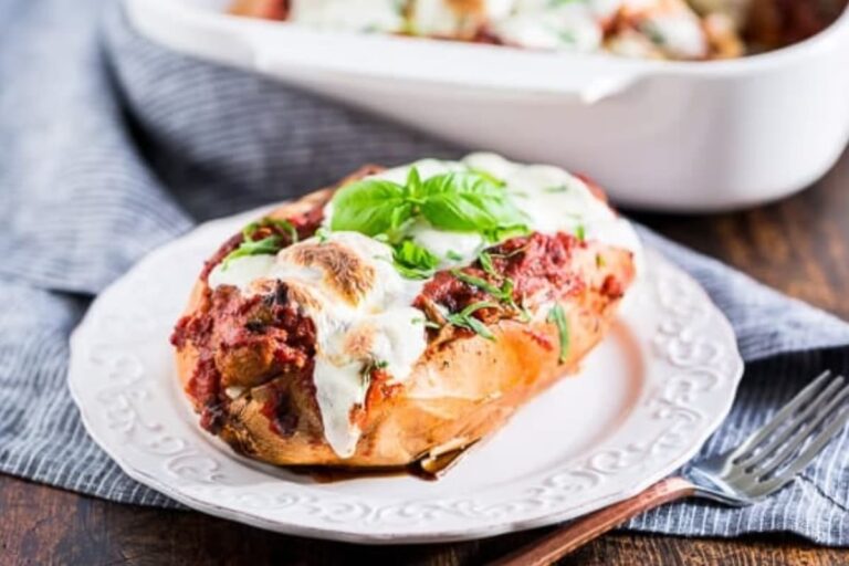 A plate of Meatball Sub Stuffed Twice Baked Sweet Potatoes.