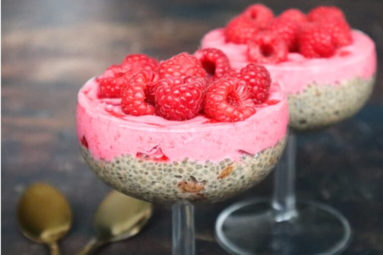 A dish of Chia Pudding with Raspberry Coconut Cream.