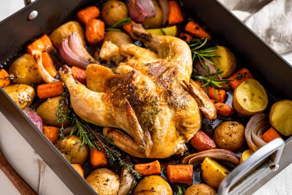 A dish of Roast Chicken and Vegetables.