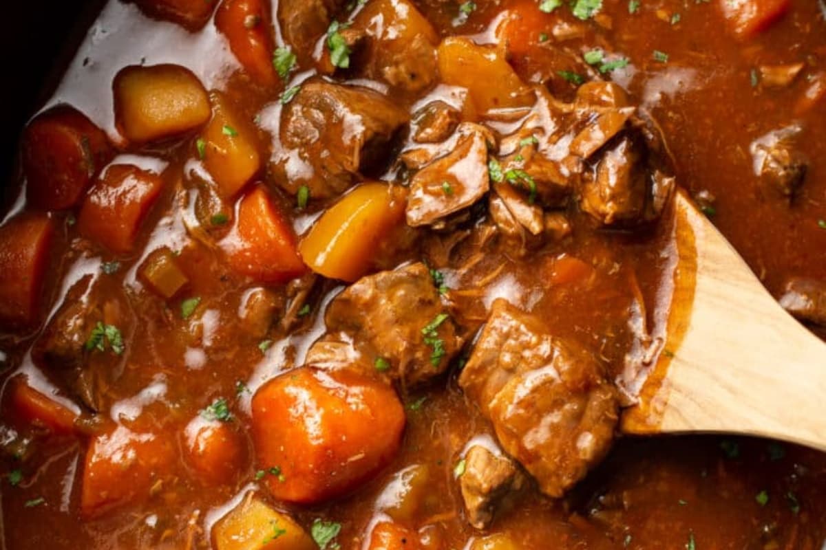 A pot of Crockpot Beef Stew.