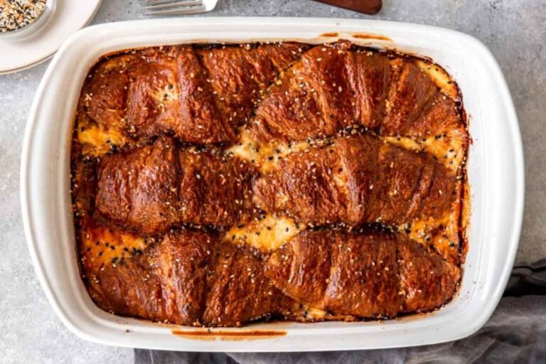 A dish of Ham and Cheese Croissant Breakfast Casserole.