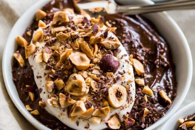 A bowl of Healthy Chocolate Hazelnut Pudding.