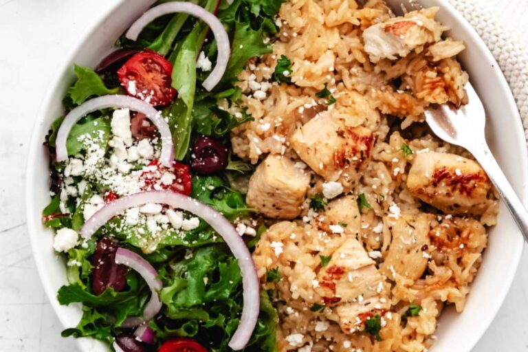 A bowl of Instant Pot Greek Chicken and Rice.