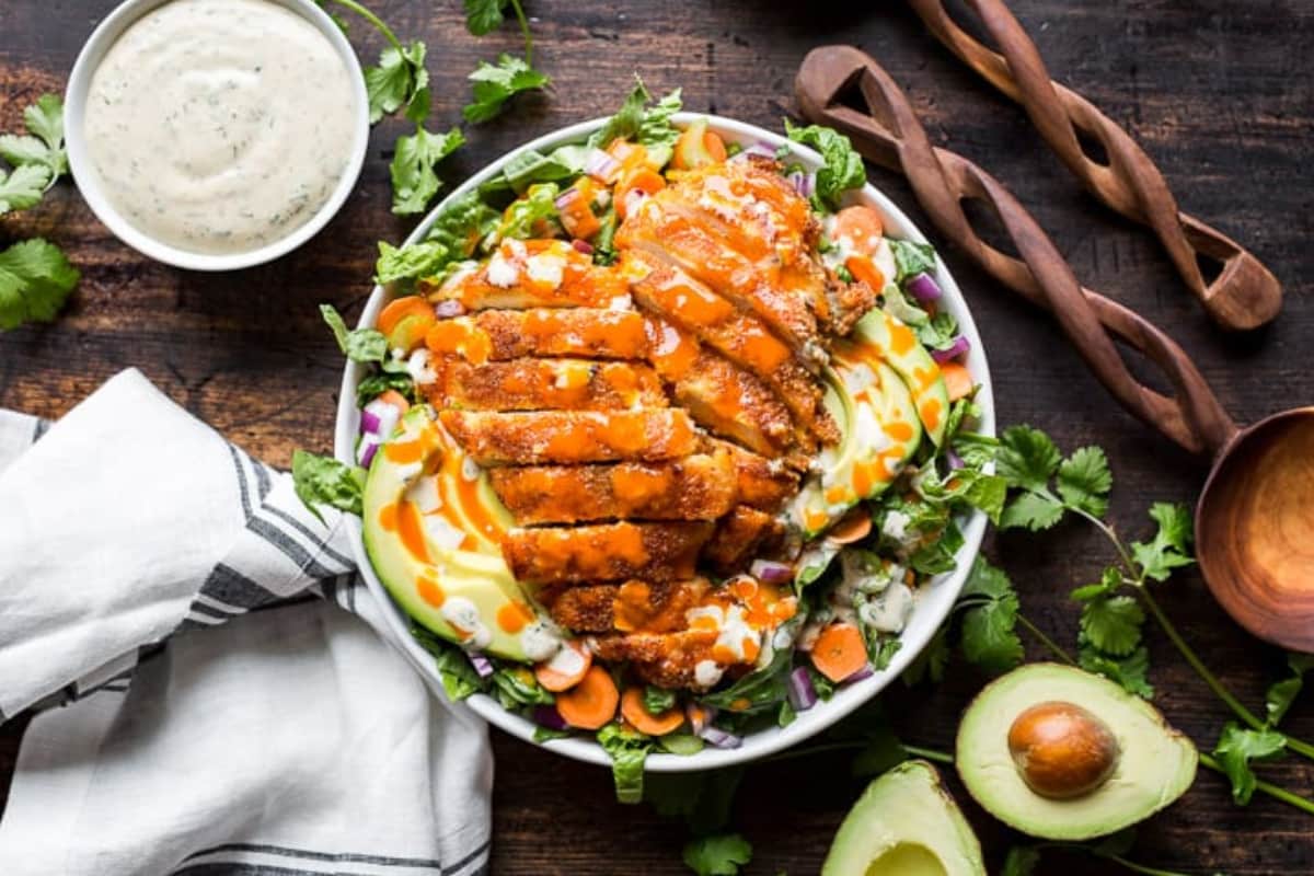 A bowl of Crispy Buffalo Chicken Salad.