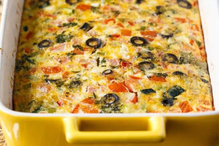 A dish of Mediterranean Brunch Bake.