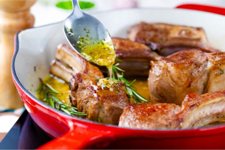 A pan of Garlic Brown Sugar Lamb Ribs.
