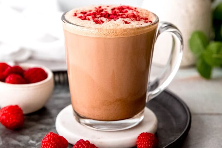 A mug of Raspberry Mocha Latte.