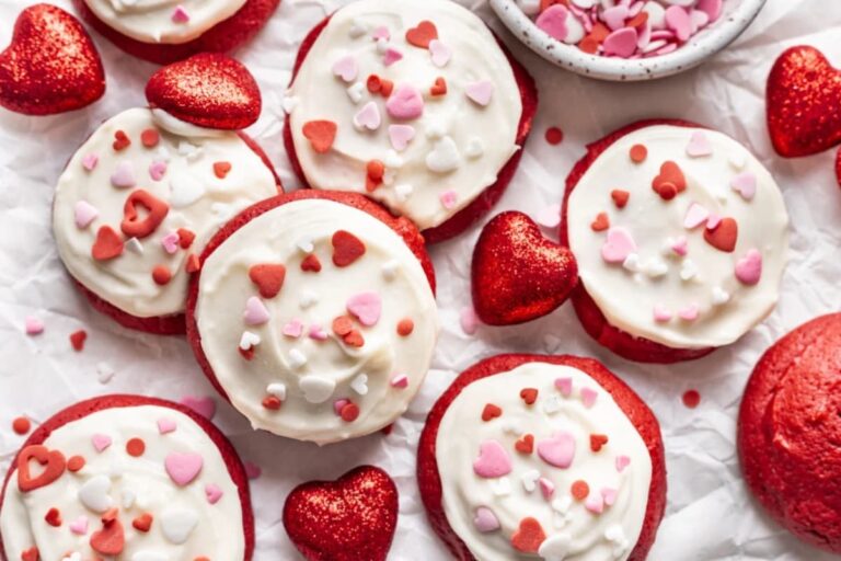 A tray of Red Velvet Cookies with Cream Cheese Frosting.