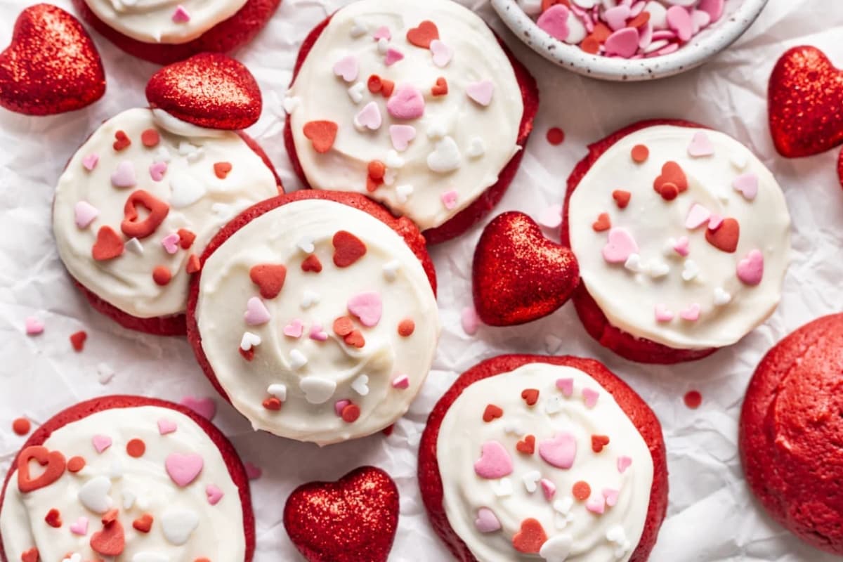 A tray of Red Velvet Cookies with Cream Cheese Frosting.