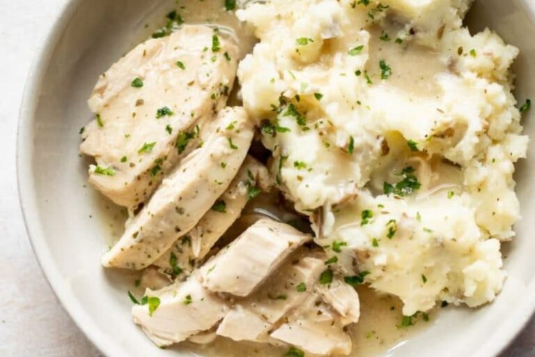 A dish of Crockpot Chicken and Gravy.