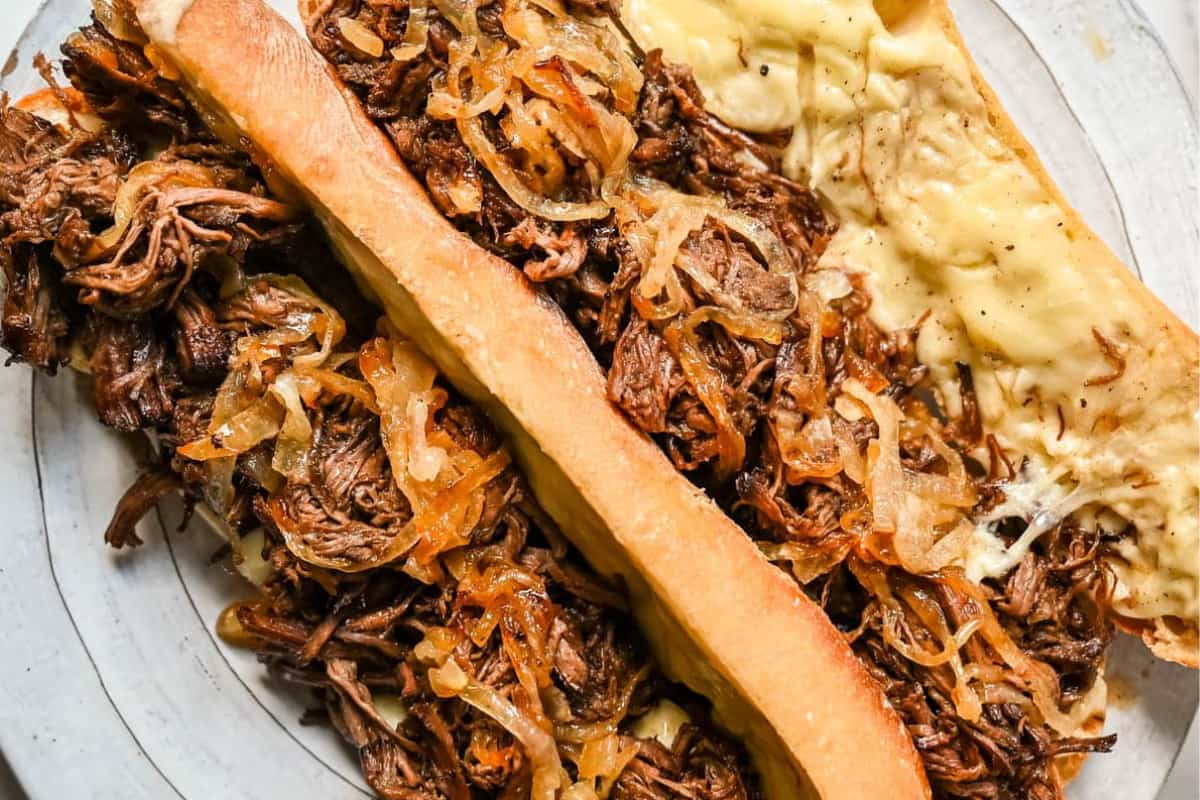A plate of Slow Cooker French Dip Sandwiches.