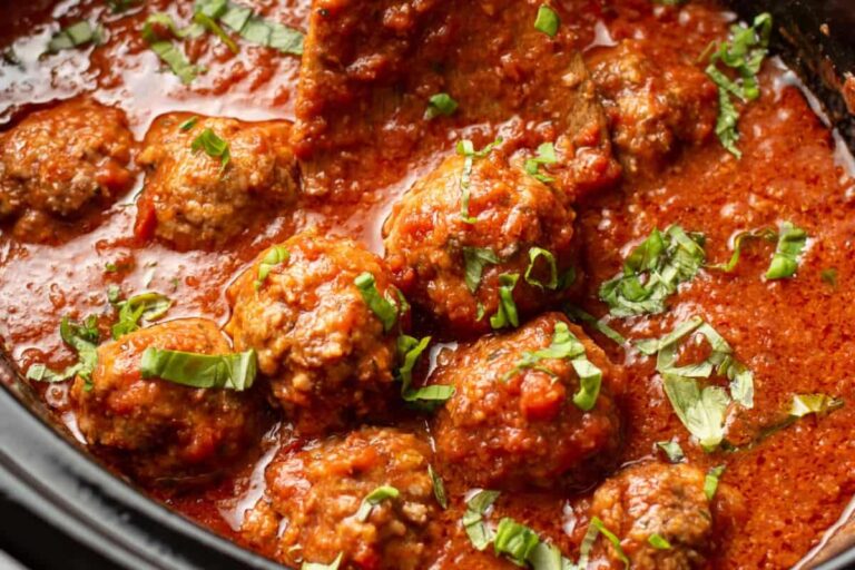 A dish of slow cooker meatballs.