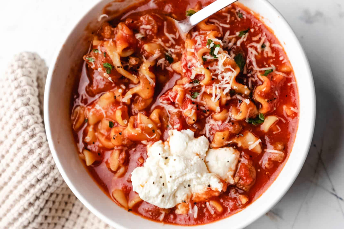 A bowl of Slow Cooker Lasagna Soup.