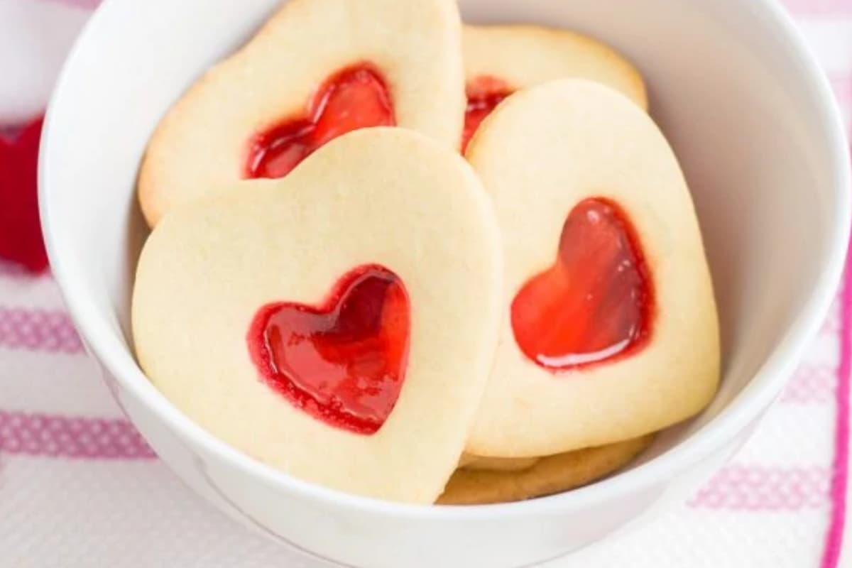 A dish of Stained Glass Heart Cookies.