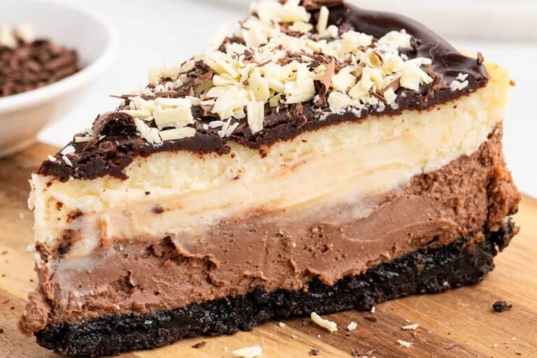A plate of Triple Chocolate Cheesecake.