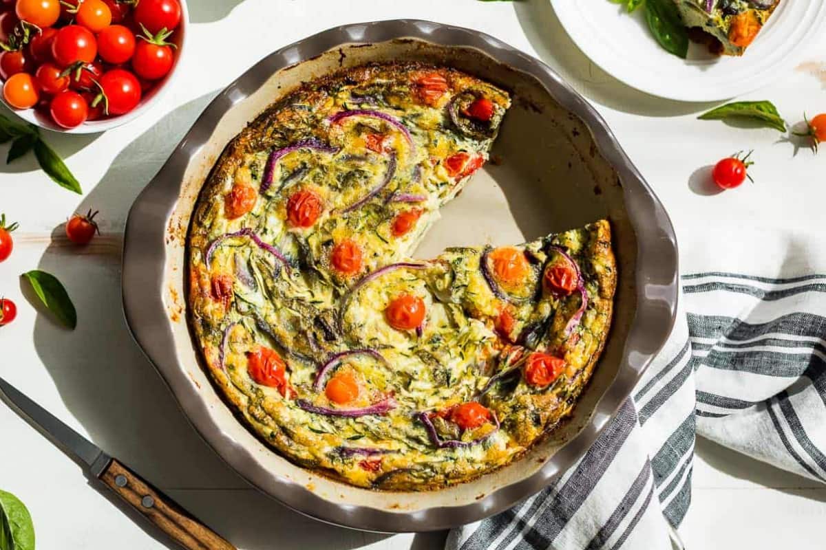 A dish of Vegetarian Breakfast Casserole.