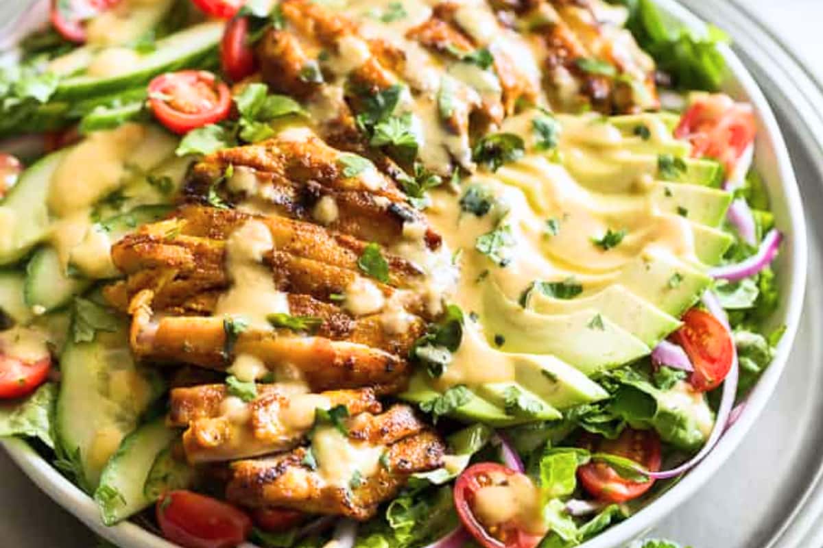 A plate of Grilled Chicken Shawarma Salad.