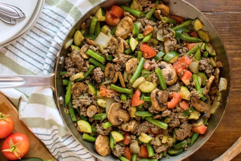 A dish of Garden Vegetable Beef Skillet.