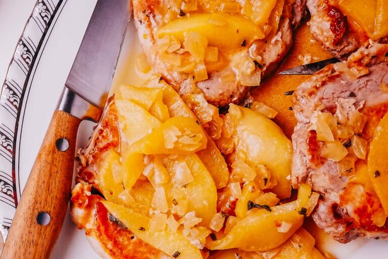 A plate of Pork Chops with Apples.