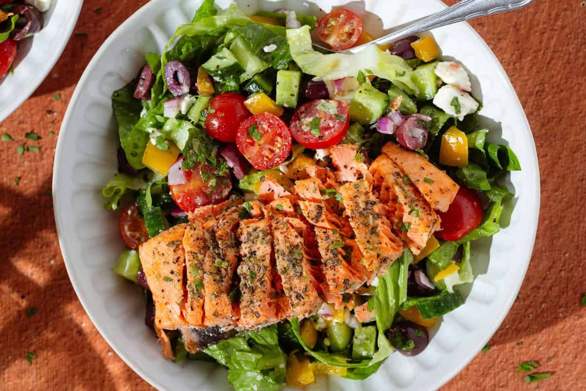 A plate of Mediterranean Salmon Salad.