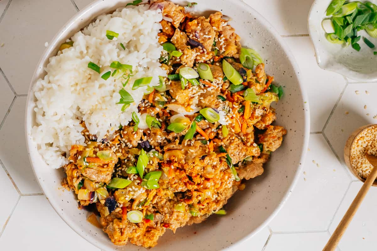 A bowl of Ground Chicken Egg Roll in a Bowl.