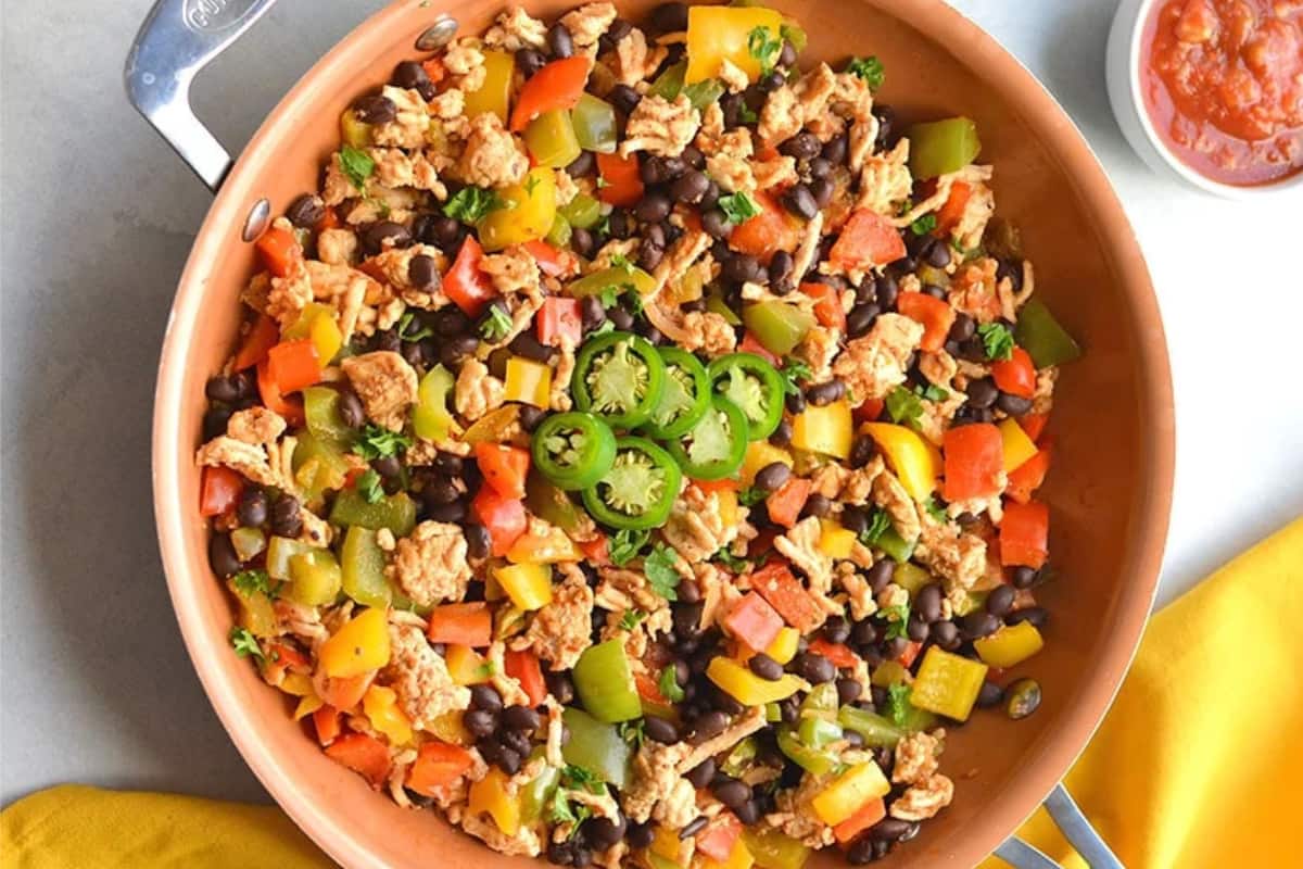A dish of Healthy Turkey Skillet Burrito.