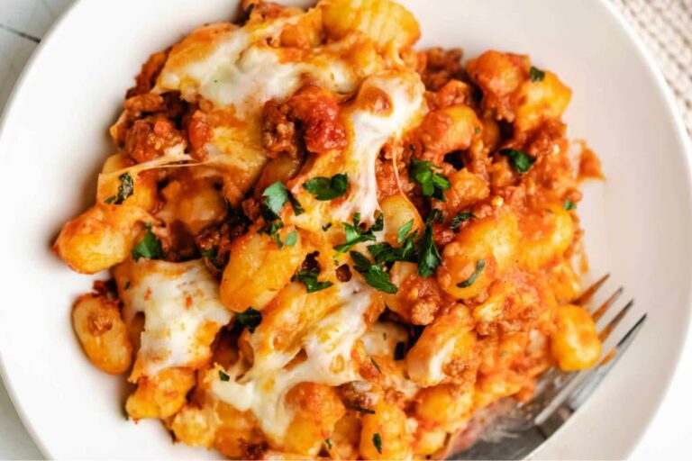 A dish of Easy Baked Gnocchi.