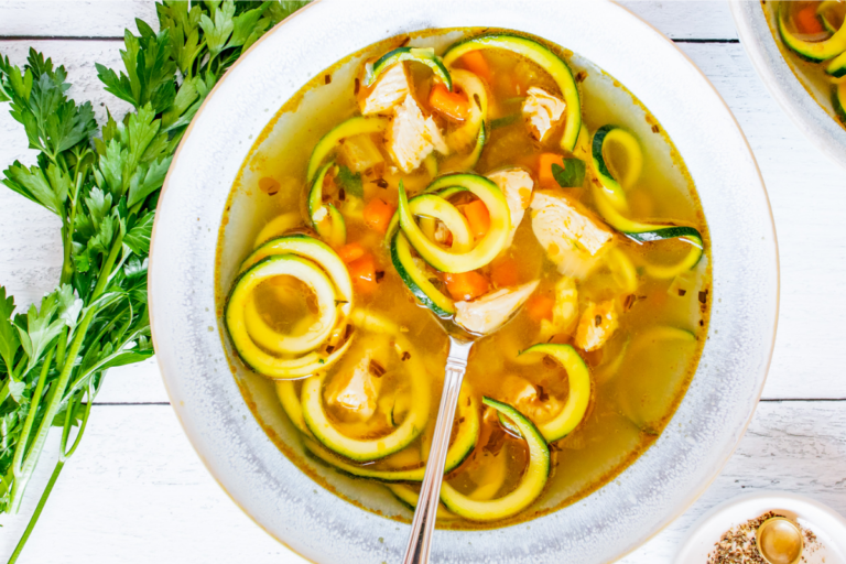 A bowl of Chicken Soup with Zucchini Noodles.
