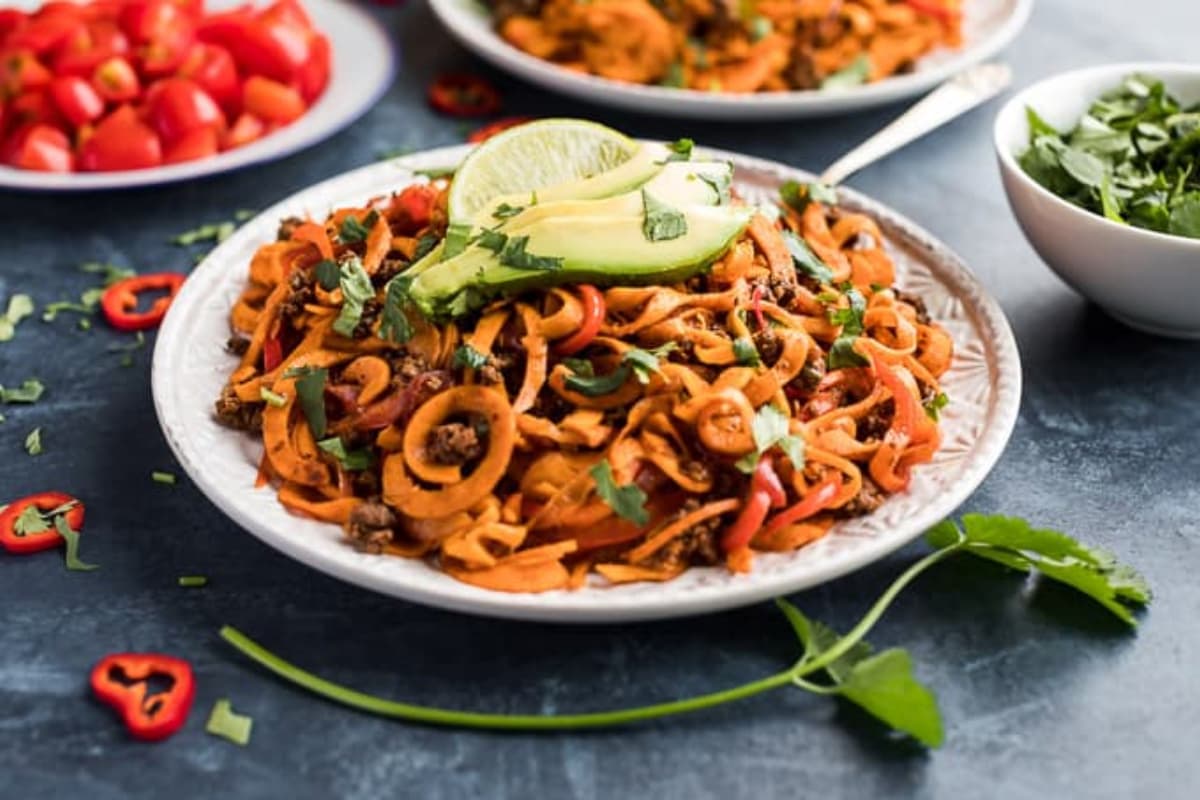 A plate of Enchilada Beef Sweet Potato Noodles.
