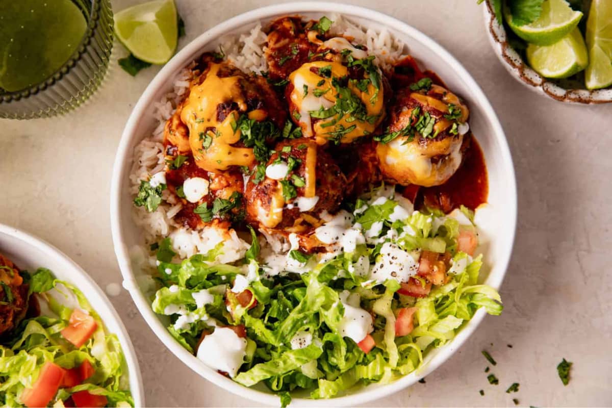A bowl of Enchilada Meatballs.