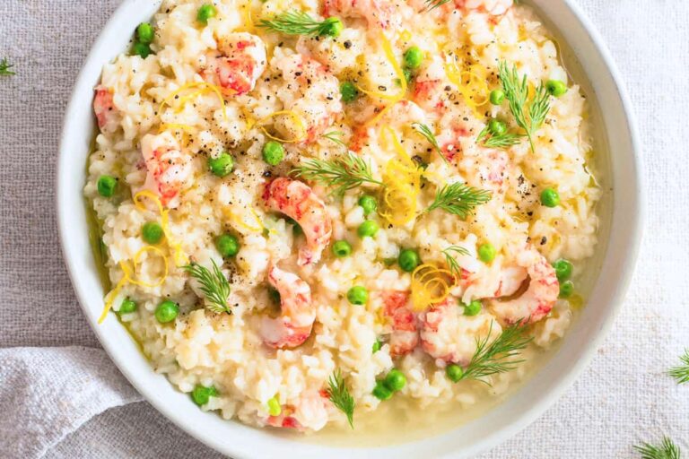 A bowl of Shrimp Risotto with Peas.