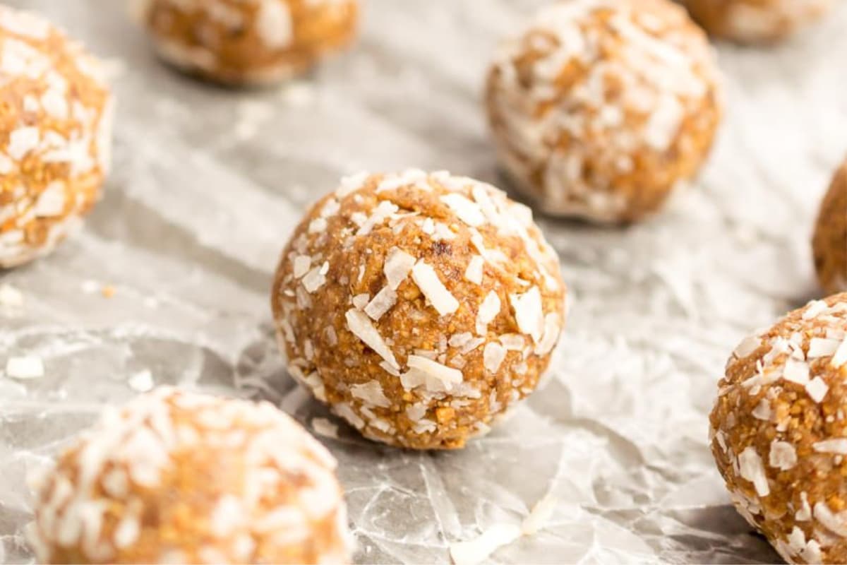 A plate of Almond Date Energy Balls.