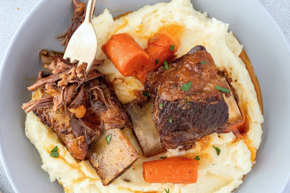 A dish of Dutch Oven Beer-Braised Short Ribs.