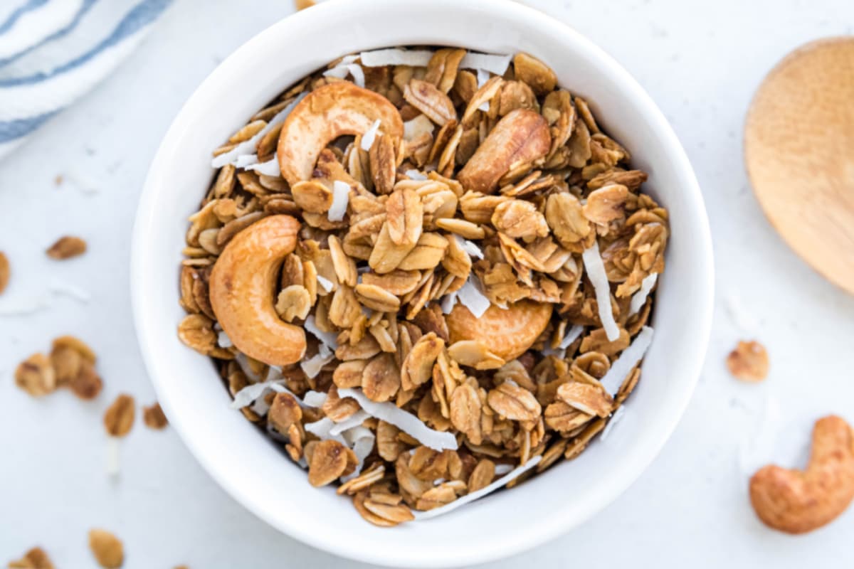 A bowl of Cashew Coconut Granola.