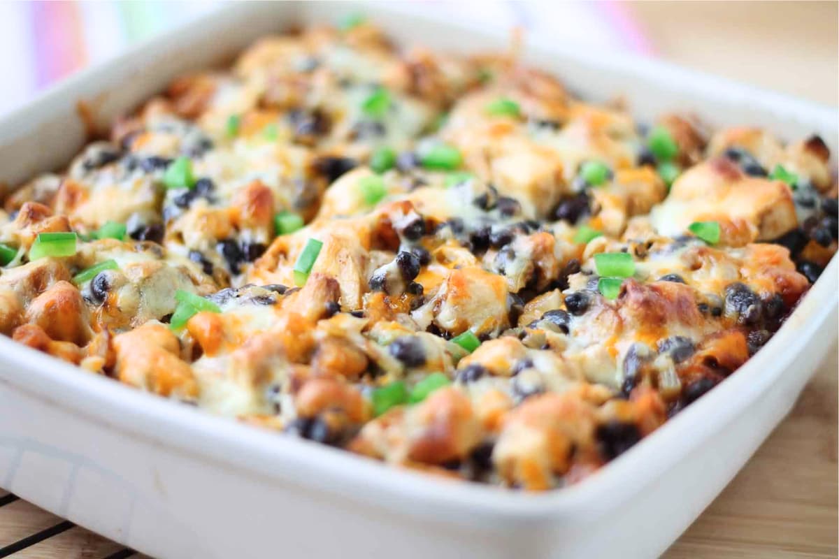 A dish of Chicken Enchilada Bake with Butternut Squash.