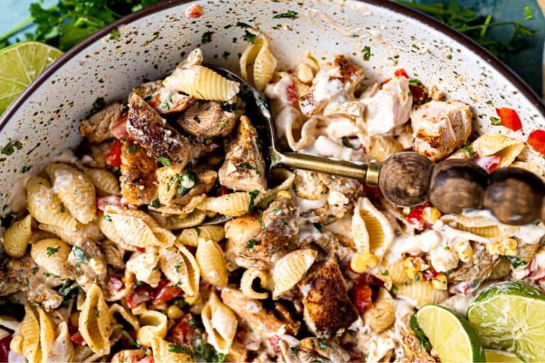 A bowl of Chicken Taco Pasta Salad.