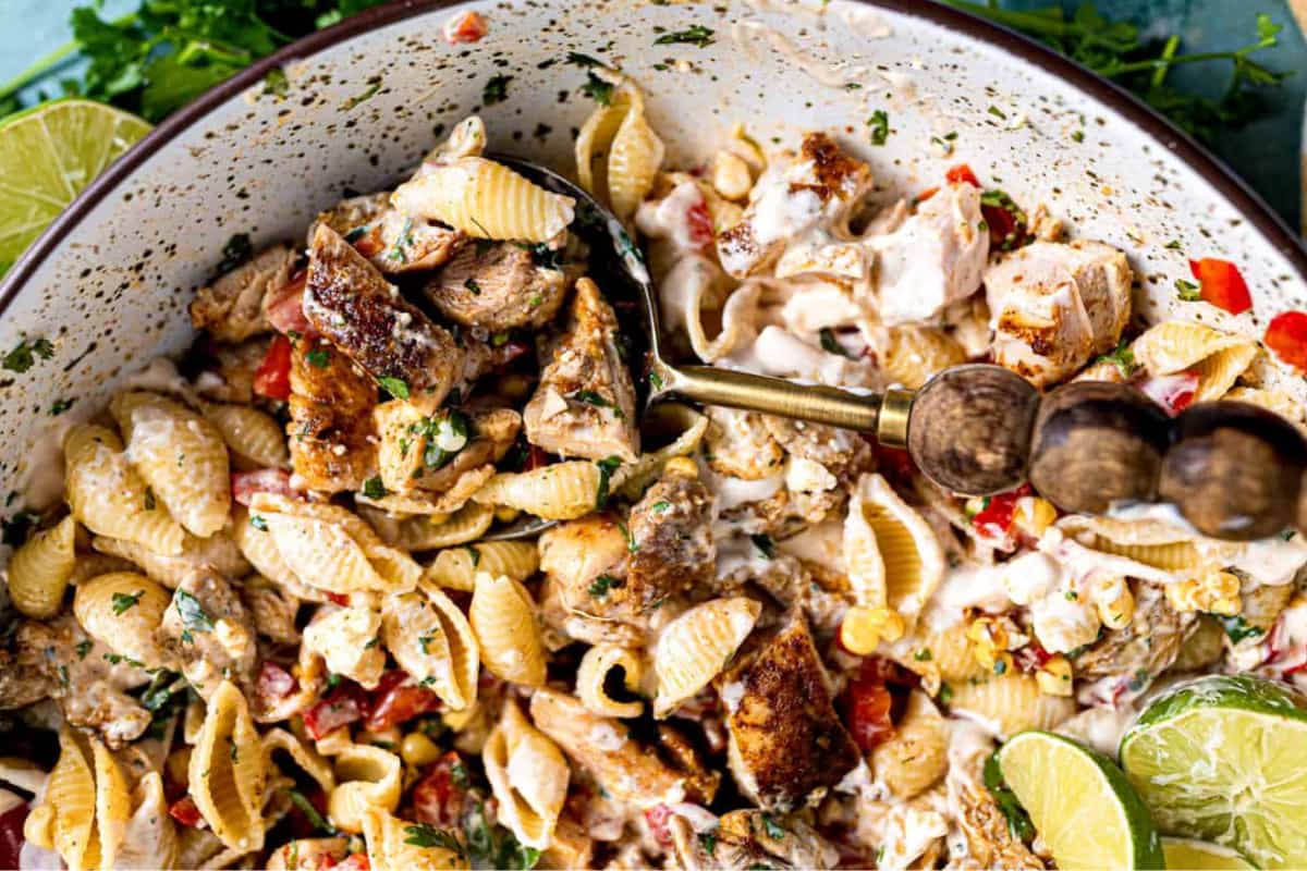 A bowl of Chicken Taco Pasta Salad.
