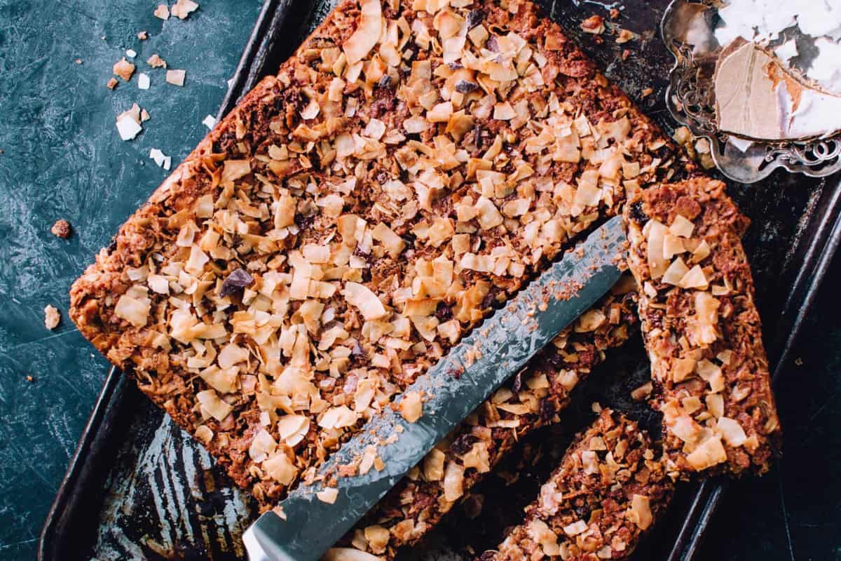 A tray of Coconut & Chocolate Granola Bars.