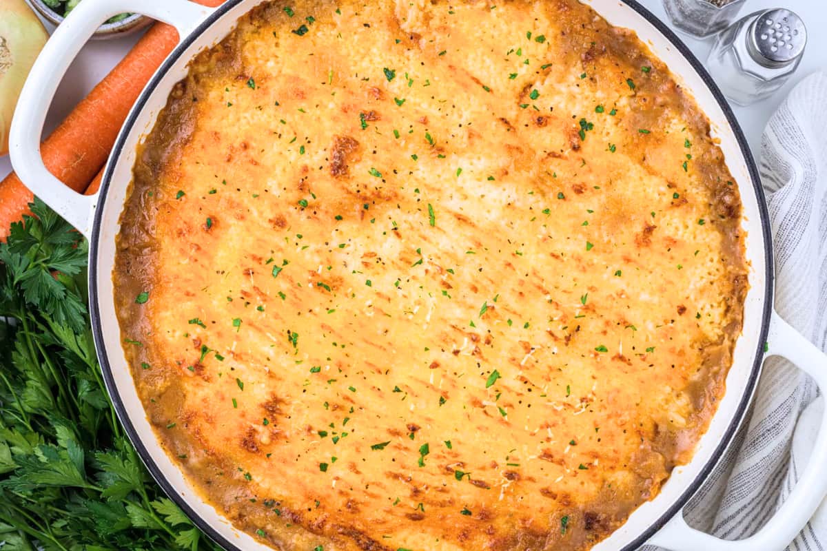 A dish of Cottage Pie with Cheese.
