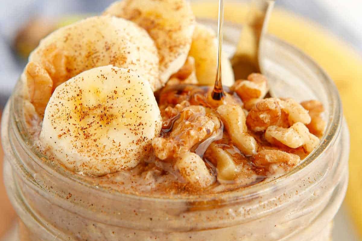 A dish of Creamy Banana Walnut Overnight Oats.