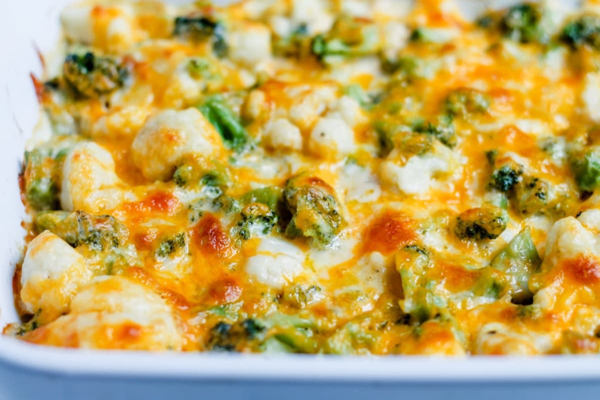 A dish of Broccoli Cauliflower Cheese Casserole.