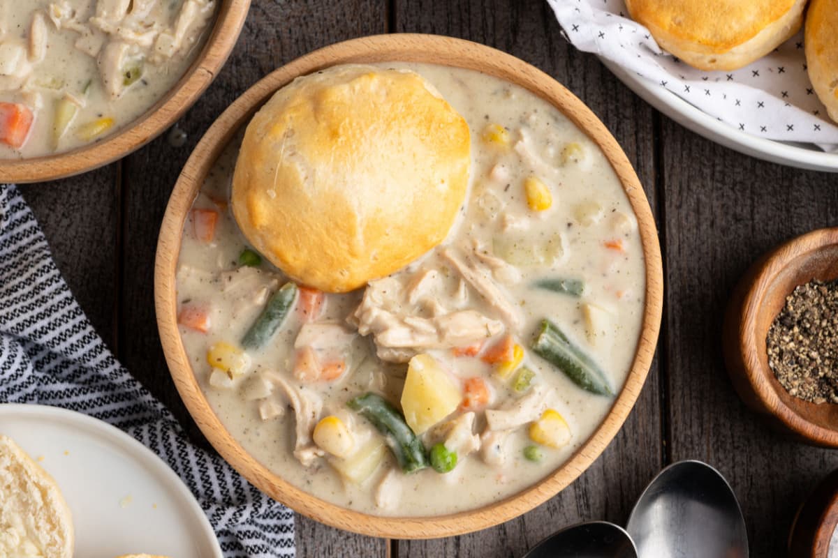 A bowl of Chicken Pot Pie Stew.