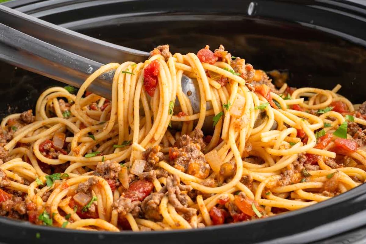 A dish of Crockpot Taco Spaghetti.