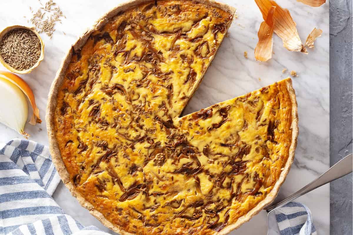 A tray of Cumin and Caramelized Onion Quiche.