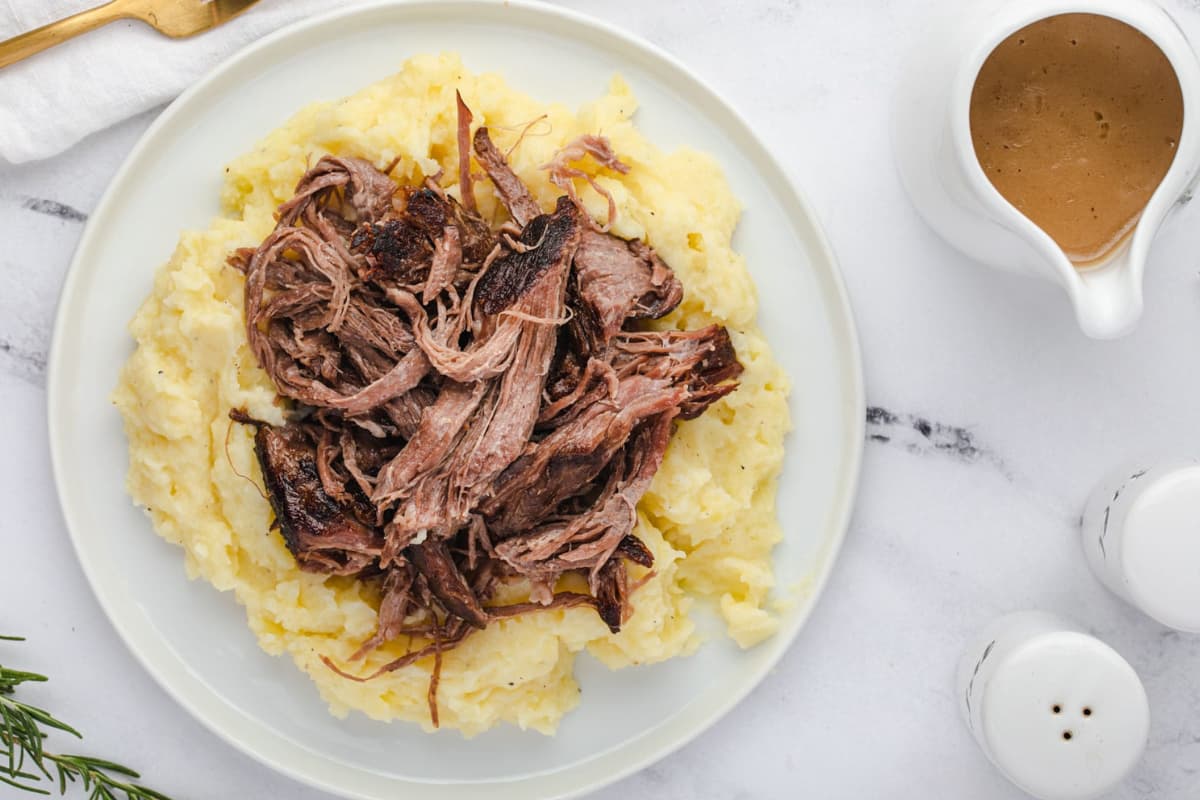 A plate of Dutch Oven Pot Roast with Red Wine.
